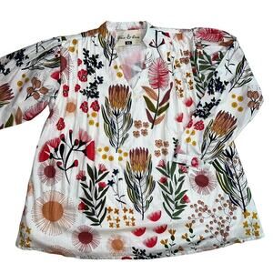 Fox & Hen Botanical Print Cotton Smocked Long Sleeved Blouse V-Neck Size XS